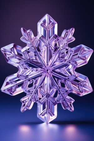 Close-up image of a unique snowflake crystal isolated on a purple gradient backgroundの素材