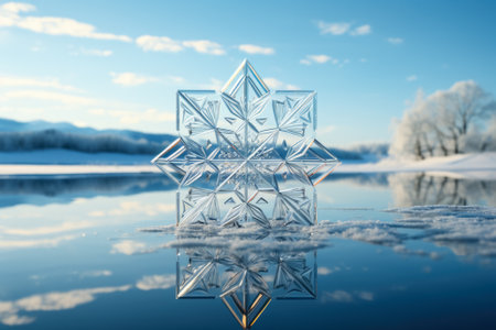Artful illustration of a multi-faceted snowflake magnified on a serene snowy landscapeの素材