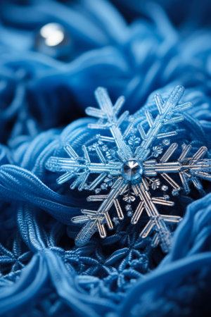 Macro shot of a delicate snowflake crystal settled on a woolen fabricの素材