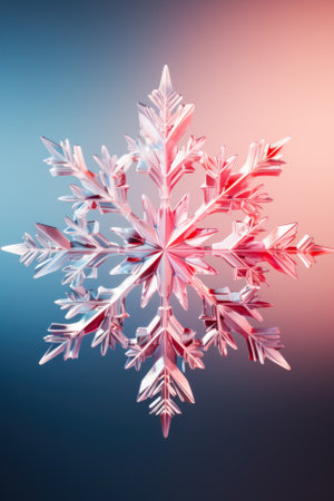 Artistically edited frosty snowflake isolated on a teal to pink gradient backgroundの素材