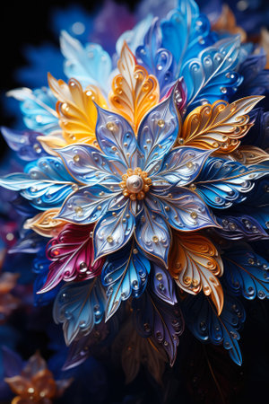 Artistic blend of vibrant colors enhancing the intricate structure of a detailed snowflakeの素材