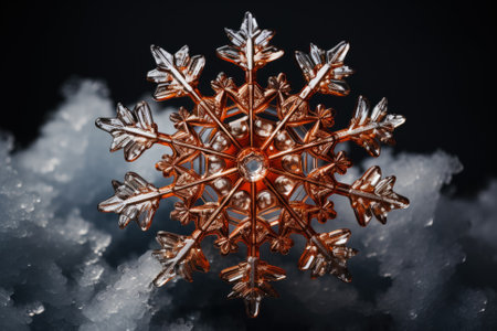 Rust-colored vintage backdrop amplifying the crystalline structure of a solitary old-fashioned snowflakeの素材