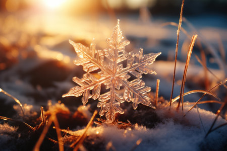Golden sunlight beams piercing through a beautifully frozen snowflake showcasing light refractionの素材