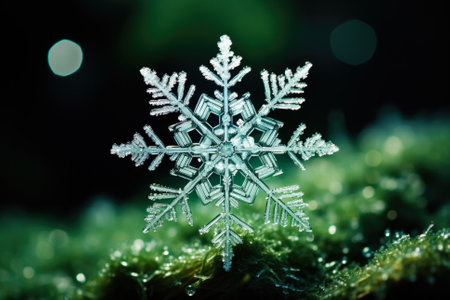 Macro shot of snowflake on pine bark isolated on a green gradient backgroundの素材