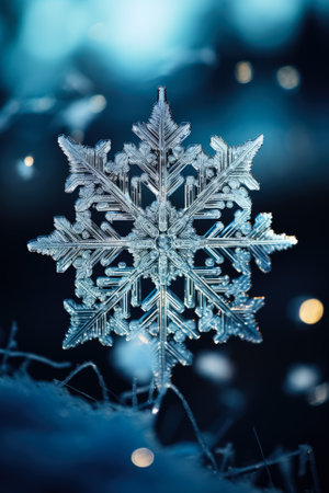 Dramatic still of a solitary snowflake recreating intricate geometric patterns on a frosty glassの素材