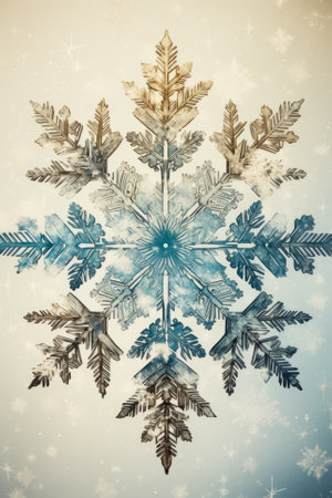 Vintage film photography capturing a snowflakes exquisite design on an antiquated parchmentの素材