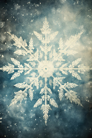 Vintage film photography capturing a snowflakes exquisite design on an antiquated parchmentの素材