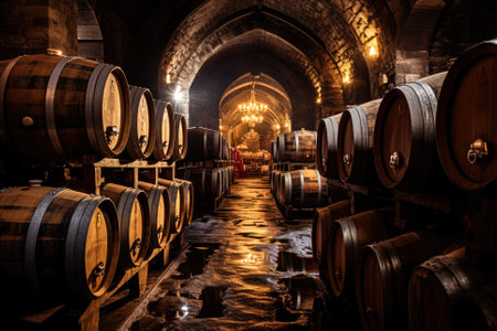 Oak barrels housing aging wine in cool dimly lit cellar of a traditional wineryの素材