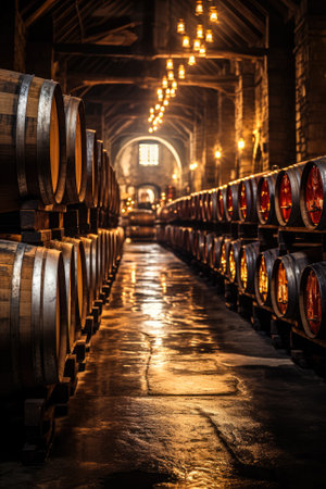 Oak barrels housing aging wine in cool dimly lit cellar of a traditional wineryの素材