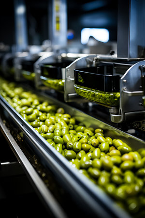 Detailed capture of cold press machinery transforming harvested olives into premium oilの素材