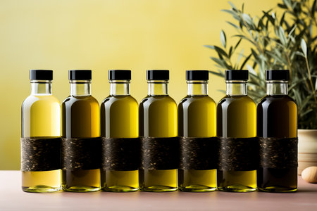 Artisan hand applying labels to olive oil bottles isolated on a pastel gradient backgroundの素材