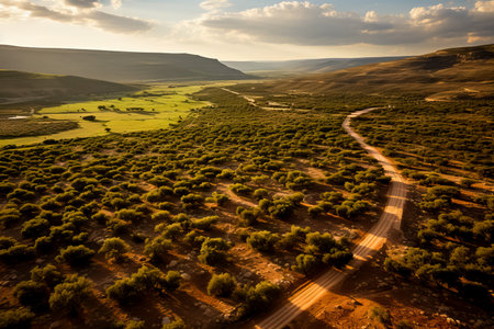 Aerial view of lush olive groves stretching as far as the eye can seeの素材