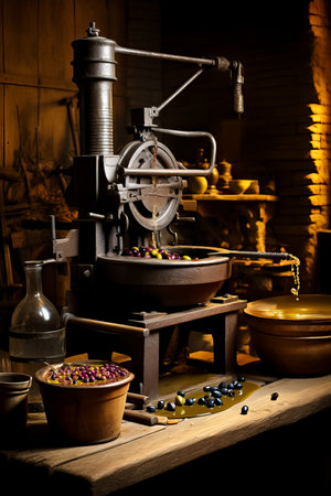 Antique olive oil press in a rustic mill isolated on a warm gradient backgroundの素材