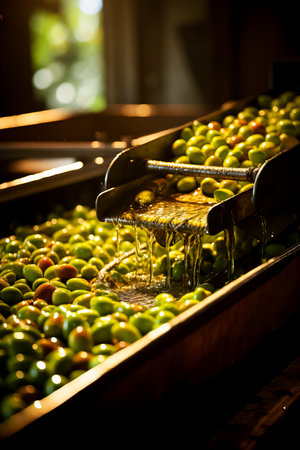 Machinery extracting oil from pressed green olives organic food production background with empty space for textの素材