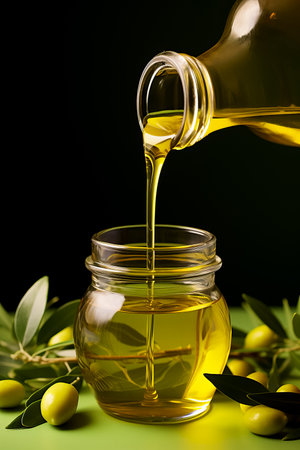 Hand pouring organic olive oil into a glass bottle isolated on a green gradient backgroundの素材