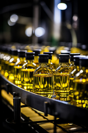 Industrial conveyor belt with olive oil bottles modern packaging process background with empty space for textの素材