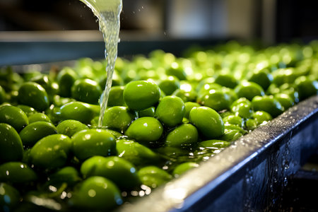 Unripe olives undergoing washing and milling process for high-quality oil productionの素材