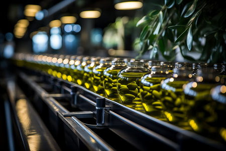 Modern assembly line ensuring rigorous quality control in olive oil production and packagingの素材