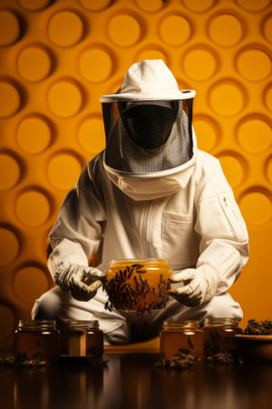 Beekeeper in white protective suit background with empty space for textの素材