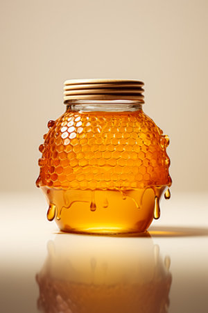 A streamlined honey jar and honeycomb isolated on a gradient white and beige backgroundの素材