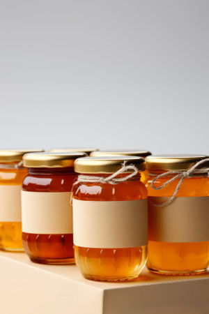 Effortless demonstration of honey jar packaging captured in a minimalist lightの素材