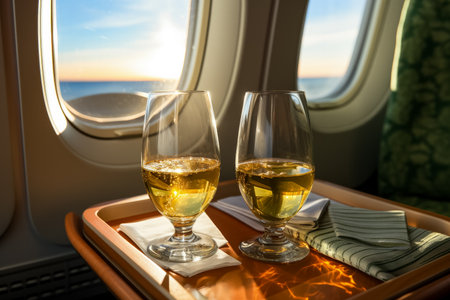 Glasses of white wine on a table in an airplaneの素材
