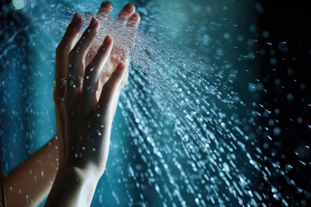 Close up of woman's hands under the rain. Shower conceptの素材