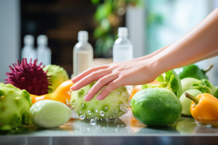 Female hands washing fresh fruits and vegetables with sponge in the kitchen.の素材