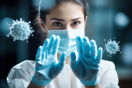Young scientist in protective mask and gloves working with virus cells in laboratoryの素材