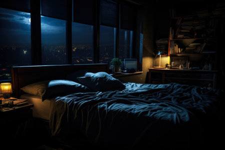 A dimly lit bedroom scene illustrating insomnia background with empty space for textの素材