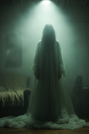 Ghostly figure hovering over a figure trapped in a restless slumberの素材