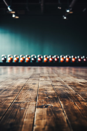 Empty bowling room with wooden floor and row of bowling balls in the backgroundの素材