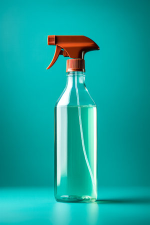 Pet stain and odor remover spray bottle isolated on a teal gradient backgroundの素材