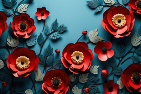 3d illustration, floral background, red poppies on blueの素材