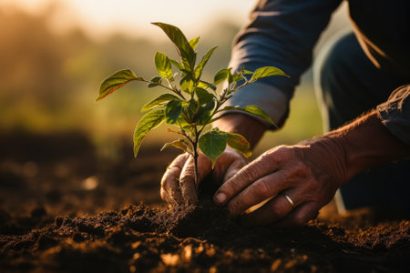 Hands of man planting seedlings in fertile soil on blurred backgroundの素材