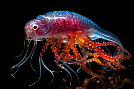 Deep-sea creatures illuminating a dark aquatic abyss with vibrant huesの素材