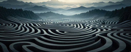 Twisted grid patterns creating a visually challenging optical illusion landscapeの素材