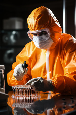 Laboratory technician handling a virus sample isolated on a gradient orange backgroundの素材