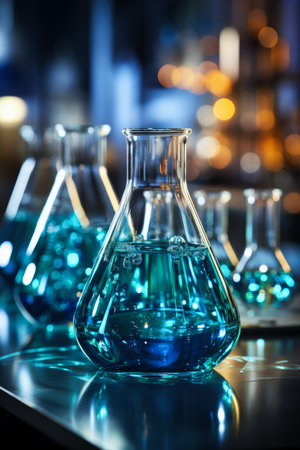 Lab instruments and test tubes macro shot background with empty space for textの素材