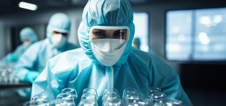 Lab worker in protective gear handling samples background with empty space for textの素材