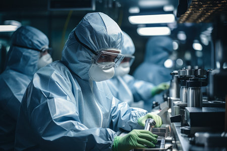 Scientific team implementing rigorous decontamination protocol in virology labの素材