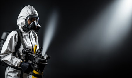 Urban health worker spraying disinfectant isolated on a gradient grey backgroundの素材