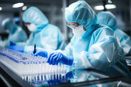 Lab technician placing swab in sterile tube isolated on a white backgroundの素材