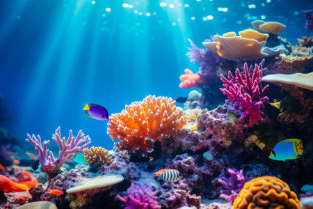 Close-ups of vibrant coral reef underwater textures background with empty space for textの素材