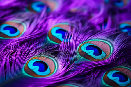 Macro shots of vivid peacock feathers background with empty space for textの素材