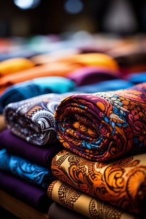 Close-up of colorful fabrics showcasing intricate patterns from a textile factoryの素材