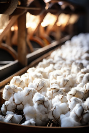 Raw cotton being spun into thread factory background with empty space for textの素材