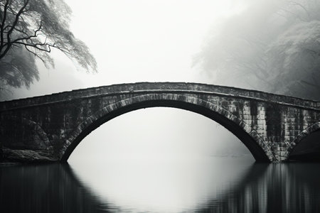 Eerie ancient stone bridge minimalist black and white background with empty space for textの素材