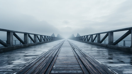 Wooden bridge in a foggy day, panoramic viewの素材