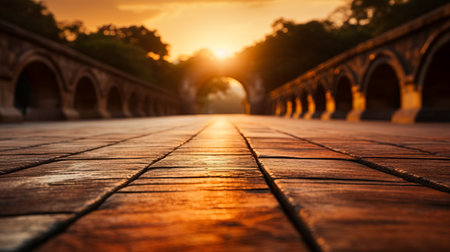 Shadow lines of an old brick bridge at sunrise background with empty space for textの素材